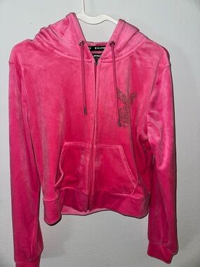 PLAYBOY Hot Pink Velour Zip Hoodie with Rhinestone Bunny